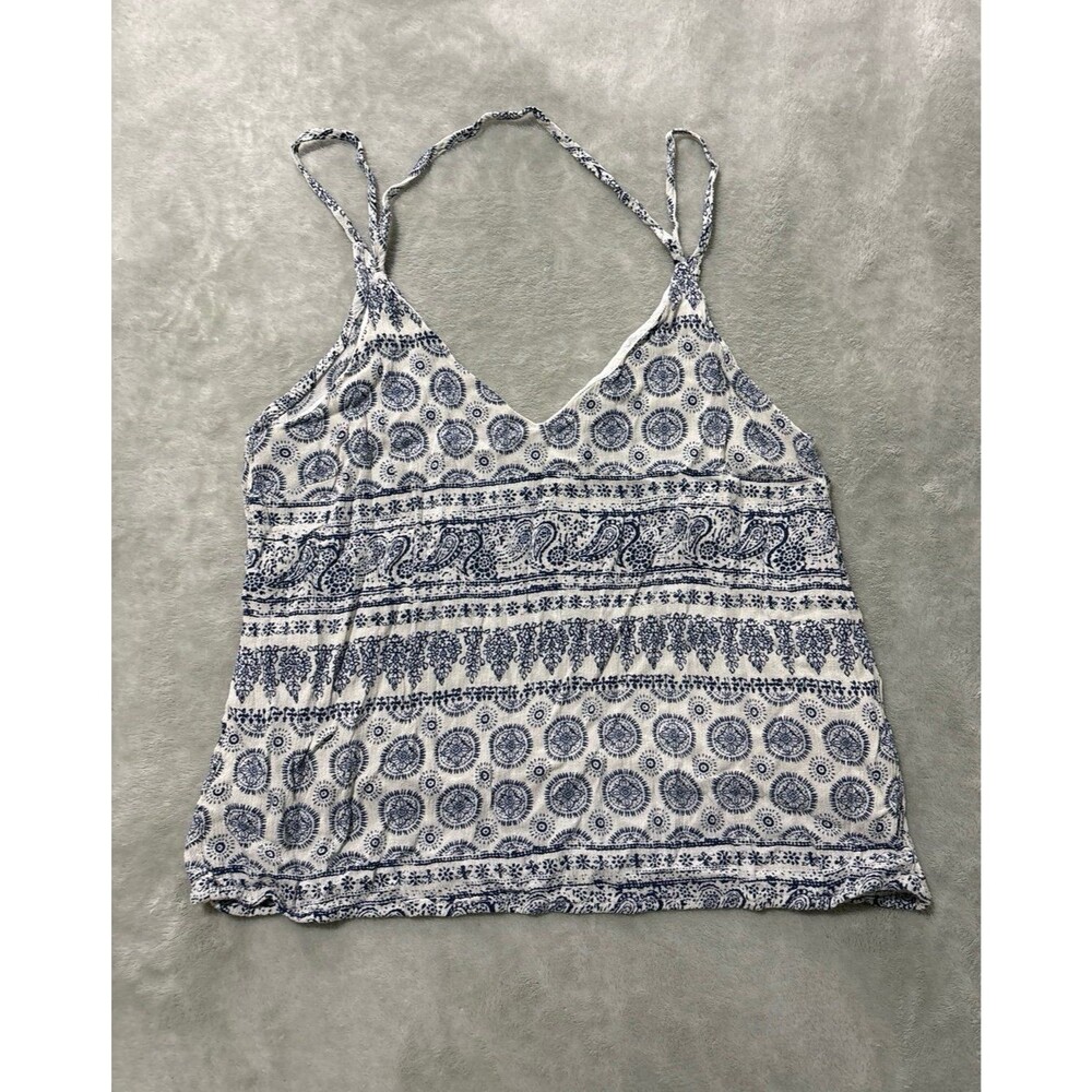 Womens tank top white blue paisley spaghetti strap Y2K millennial vneck teens